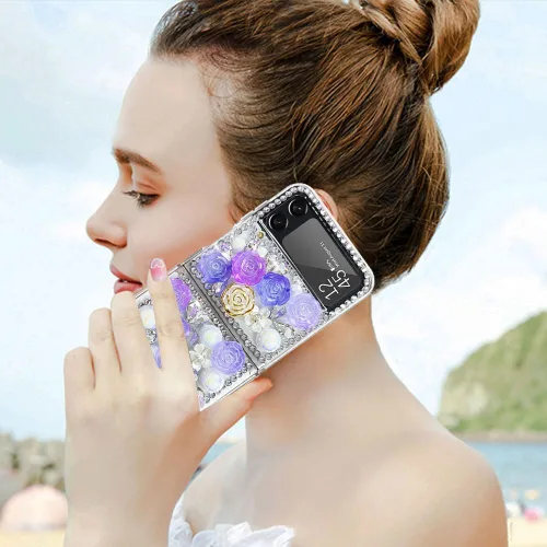 Vista 4 de Funda para Samsung Galaxy Z Flip 3 con purpurina, bonita funda transparente con diseño, brillante, reflectante, con destellos, cubierta de teléfono