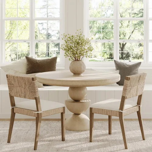 Vista 5 de Nathan James Silla de comedor Beacon Boho, silla de comedor Boucle con acento de fibra de mar y patas de madera maciza, crema Boucle/marrón claro