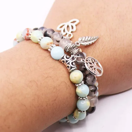 Vista 5 de UEUC - Pulseras Reiki, apilables, de piedras curativas, cristales, con dije del árbol de la vida, yoga y hoja de loto, contra la ansiedad