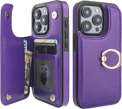 Vista 10 de ONETOP - Funda tipo cartera para iPhone 15 Pro con soporte para tarjetas, anillo de rotación de 360°, bloqueo RFID, piel sintética, doble cierre