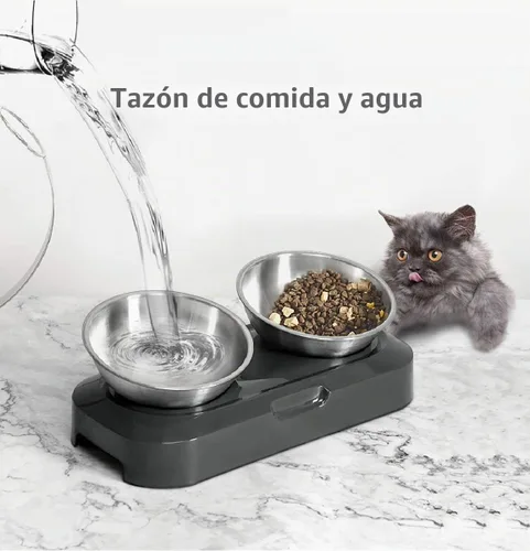 Vista 4 de Tazón de comida para gatos de acero inoxidable AYADA, diseño ergonómico de 15 ángulos, reduce el vómito Doble