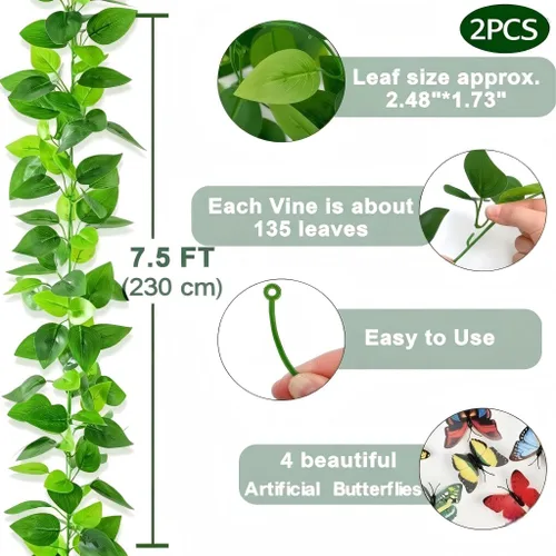 Vista 5 de BLEUM CADE 2 enredaderas falsas con hojas de potos sintéticas, guirnalda de hiedra artificial, plantas artificiales para dormitorio, sala de estar