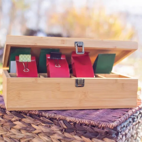 Vista 7 de Caja organizadora de té de bambú sin productos químicos, ecológica, grande, alta y ajustable, baúl de almacenamiento de madera natural