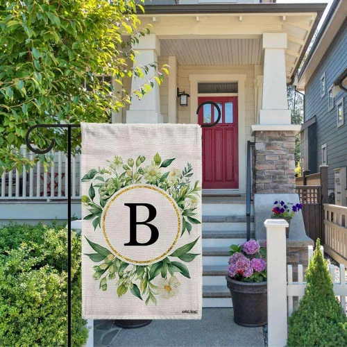 Vista 3 de Monogram Initial Letter P House Flag Flower Wreath Simple Style Letter Flag 28x40 Inch Vertical Double Sided for Outdoor Yard Decor