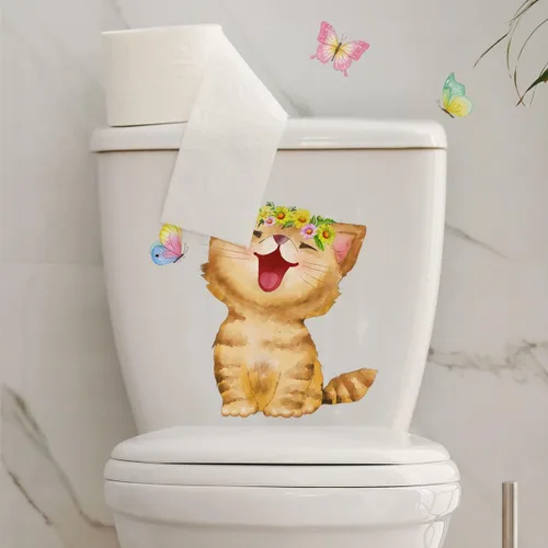 Vista 4 de Generic Calcomanías para tapa de inodoro con diseño de gato que ríe, diseño de gato blanco con dibujos animados, material de PVC impermeable