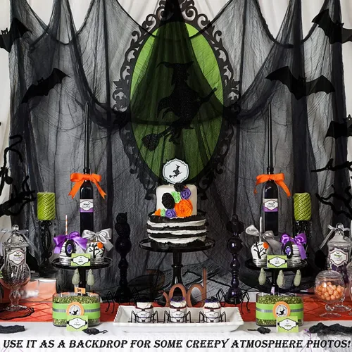 Vista 6 de Zesliwy Paño espeluznante negro espeluznante de Halloween: 85 * 394 pulgadas gasa gigante de miedo gasa para fiesta temática de Halloween, hoouse