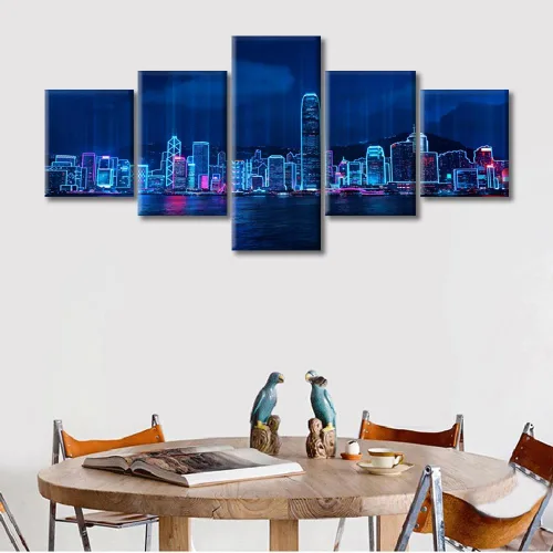 Vista 346 de Cuadros de 5 paneles de Cyberpunk City, arte de pared, representación de vallas publicitarias, edificios modernos en la capital con obras de arte