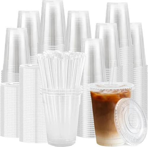Vista 11 de Lamosi Paquete de 100 vasos de plástico transparente de 12 onzas con tapas y pajitas, tazas de café de plástico desechables con tapas para café