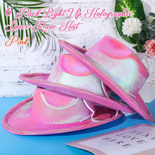 Vista 2 de Geyoga 6 piezas de sombrero de vaquero holográfico rosa para mujer, sombrero metálico para rave, sombrero de vaquero brillante, accesorios de fiesta