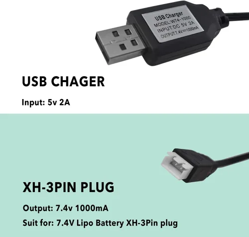 Vista 2 de Cable cargador USB con conector XH-3P para coche SCX24 RC, coche de control remoto Holyton, 2S 7.4V LiPo batería RC coche, Rock Crawler FPV Drone