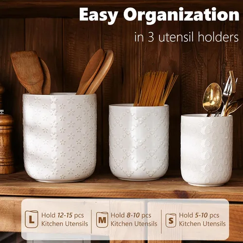 Vista 2 de Soporte para utensilios de cocina en relieve, recipiente de cerámica blanca para encimera, organizador grande de utensilios para espátula, cuchara