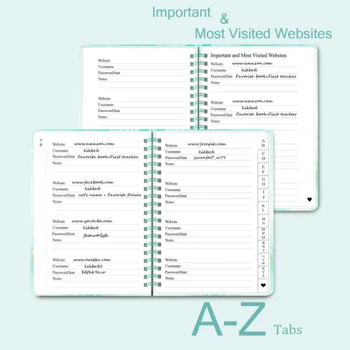 Vista 4 de Libro de contraseñas con pestañas alfabéticas - Cuaderno de contraseñas en espiral para Internet y computadora, registro de sitios web, nombres