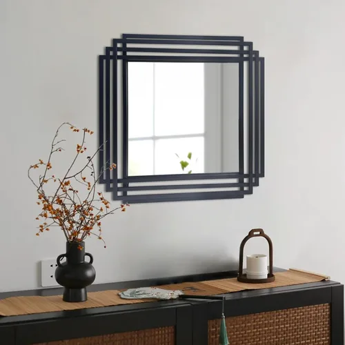 Vista 19 de Espejo de pared rectangular decorativo de 24 x 18 pulgadas con marco de metal negro Geometric Design, HD Mirror, Horizontal/Vertical Hanging, Art