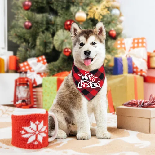 Vista 2 de Malier, 2 paquetes de bandanas para perros de Navidad, clásico búfalo, a cuadros. Bufanda de triángulo, baberos, pañuelo. Disfraz navideño