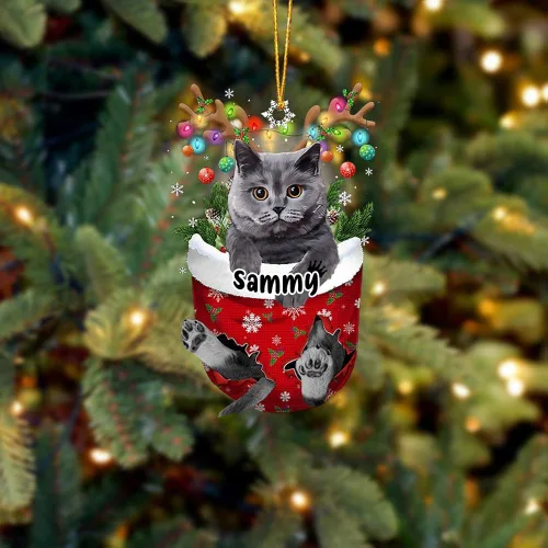 Vista 15 de Adorno personalizado de gato de rizo americano, adorno personalizado con nombre de mascota, colgante acrílico plano impreso en 2D, Papá Noel y gato