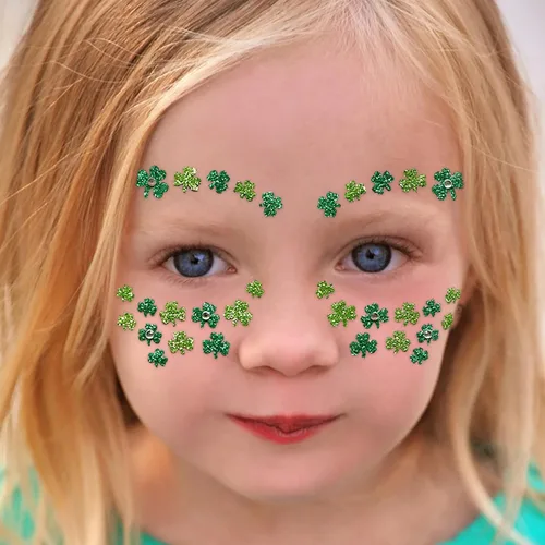 Vista 7 de Ecuupas Día de San Patricio, gemas faciales para festivales de tréboles, trébol con purpurina verde, diseño de diamantes de imitación de ojos