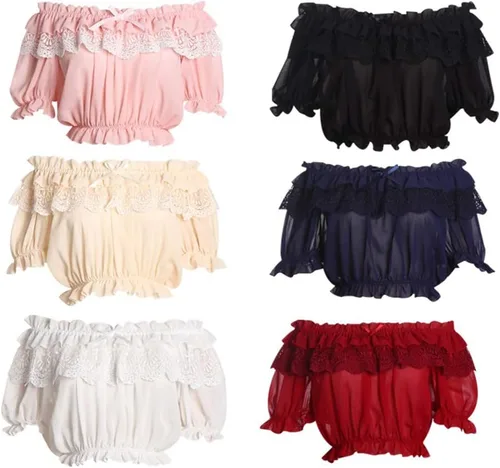 Vista 3 de Blusa corta de gasa con volantes Lolita para mujer, color blanco, negro, rojo vino, azul, albaricoque, manga abombada, con encaje