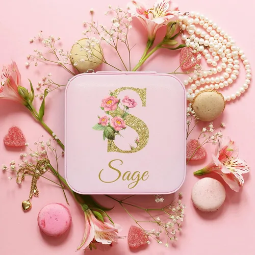 Vista 5 de Joyero de viaje personalizado con flores para mujer, con nombre, foto, imagen, joyero, estuche de joyería de cuero para niñas, dama de honor