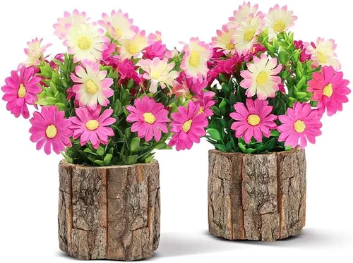 Vista 9 de AceList Juego de 2 flores artificiales, decoración rústica de granja para estante de baño, escritorio de oficina, pequeñas plantas en maceta de Rosa