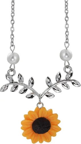 Vista 3 de Collar con colgante de hoja de perlas de girasol dulce, cadena clavicular de resina con margarita, joyería de moda para mujer