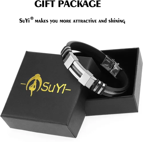 Vista 7 de Suyi Pulsera ajustable de silicona para hombre, pulsera de acero inoxidable