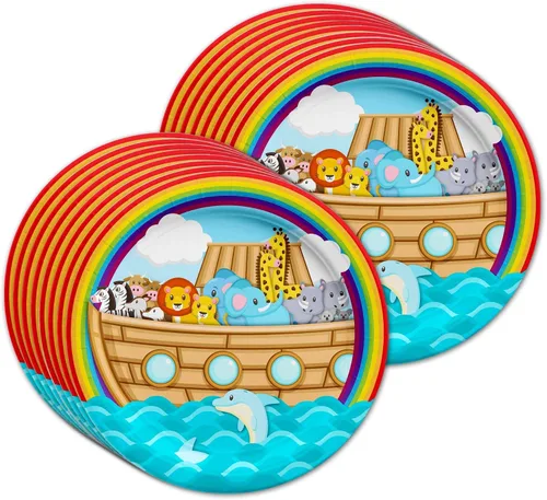 Vista 2 de Noah's Ark - Juego de suministros para fiesta de cumpleaños, platos, servilletas, vasos, vajilla para 16