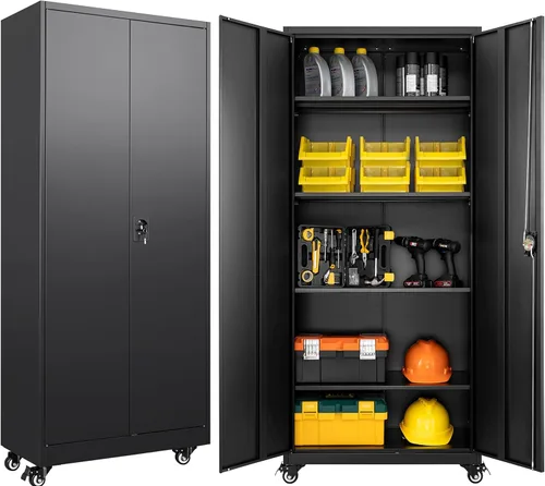Vista 33 de SISESOL Gabinete de almacenamiento de metal ancho y profundo con ruedas, gabinete de almacenamiento de garaje alto rodante con cerradura, gabinetes