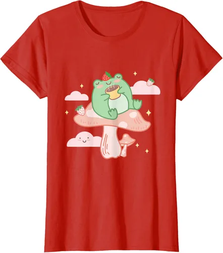 Vista 68 de Kawaii Strawberry Frog On Mushroom - Camiseta de manga corta de anime, Azul / Patchwork, S Azul Pastel
