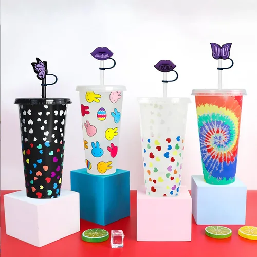 Vista 5 de Kleeblatt Tapas de pajitas moradas, 8 piezas de bonitas puntas de silicona reutilizables, adornos de paja para vasos, adecuado para popotes de 1/4 a