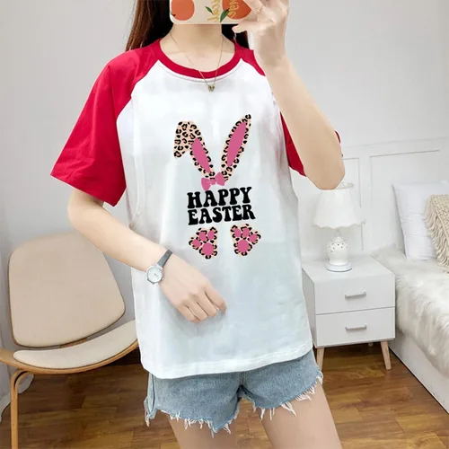 Vista 4 de Traje de Pascua para mujer, camiseta de conejo de Pascua para mujer, blusa de manga corta, linda camiseta gráfica, ropa de primavera 2024