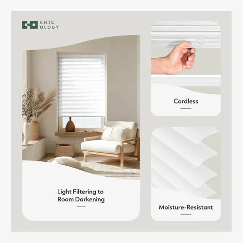 Vista 2 de CHICOLOGY Mini persianas inalámbricas para ventanas de interior, 12 pulgadas de ancho x 36 pulgadas de alto, listones de vinilo blanco de 1 pulgada