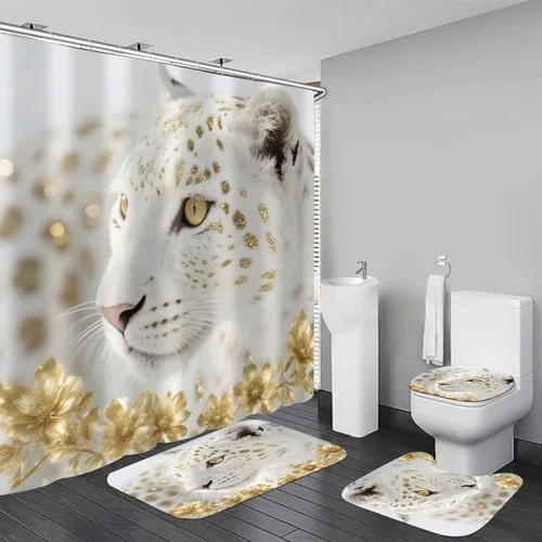 Vista 9 de Juego de 4 cortinas de ducha con diseño de rosa azul y leopardo con alfombras, tapa de inodoro y tapete de baño, cortina de ducha azul con 12