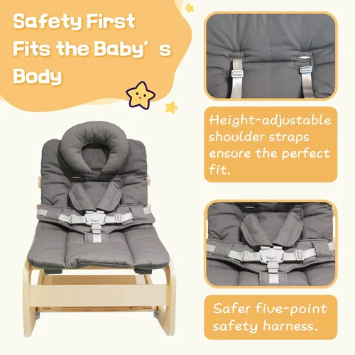 Vista 10 de Mecedora para bebé, ajustable para bebé, silla mecedora de madera 3 en 1 con arnés de 5 puntos, asiento para bebés y niños pequeños, color gris Beige