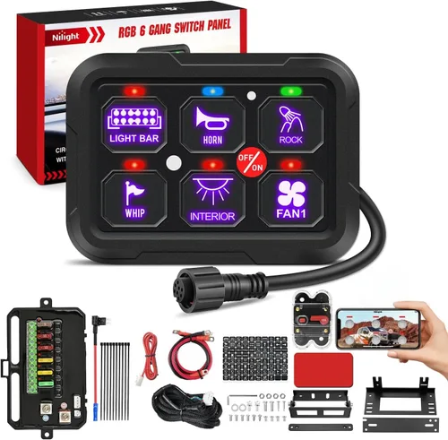 Vista 22 de Nilight Panel de Interruptores de 6 Posiciones Sistema de Relé de Control de Circuito Universal con Arnés de Cableado con Fusible LED Pod Regulable