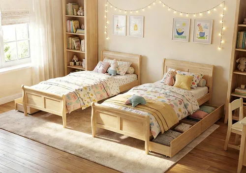 Vista 10 de KOMFOTT 2 camas individuales con 2 cajones, cama de almacenamiento individual con cabecero para dormitorio, marco de cama de madera de trineo