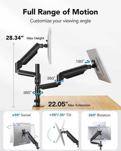 Vista 5 de HUANUO Soporte de monitor dual hasta 32 pulgadas, soporte de monitor más alto que sostiene 19.8 libras, brazo de monitor dual para escritorio