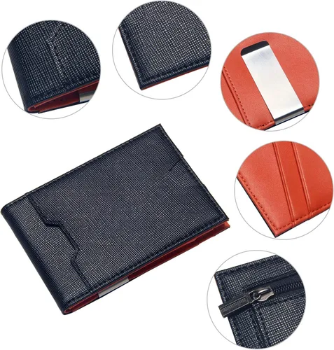 Vista 3 de Cartera plegable para hombre con clip para dinero bolsillo frontal minimalista de cuero con bloqueo RFID