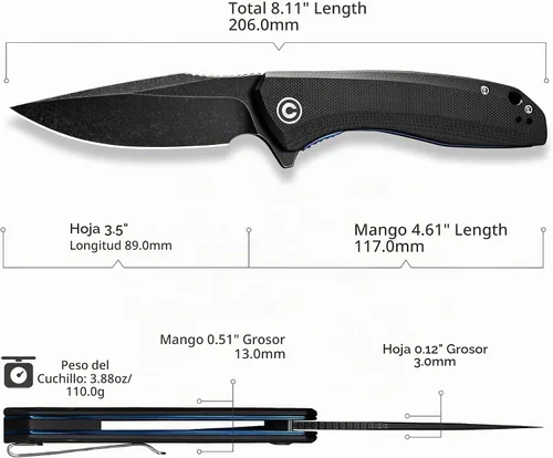 Vista 3 de CIVIVI Navaja de bolsillo plegable Baklash C801H (doble negro) Acero 9Cr18MoV, clip reversible, trazador de líneas de bloqueo, para hombres, EDC