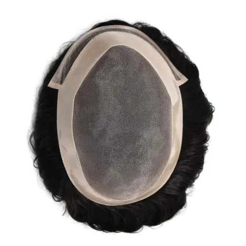 Vista 4 de Toupee para hombre pieza de cabello humano fino mono tupé piel de poliéster transparente alrededor de la pieza para hombres sistema de reemplazo