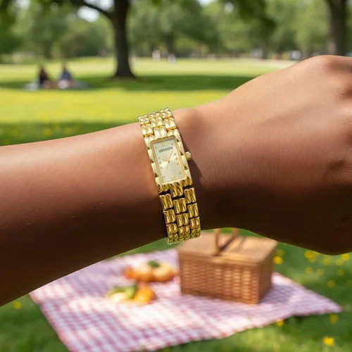 Vista 6 de Relojes de oro para mujer pequeño reloj de pulsera delicado para mujer con esfera rectangular delgada, correa de acero inoxidable, pulsera analógica