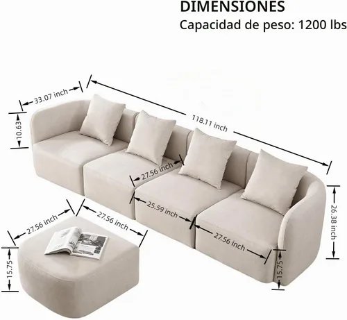 Vista 2 de Sofá modular modular de asiento profundo de 118 pulgadas con otomana