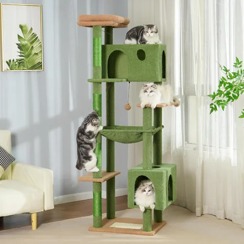 Vista 11 de Árbol de cactus para gatos, torre pequeña para gatos con poste rascador de 32 pulgadas con casa de condominio para gatos, hamaca acogedora y cama