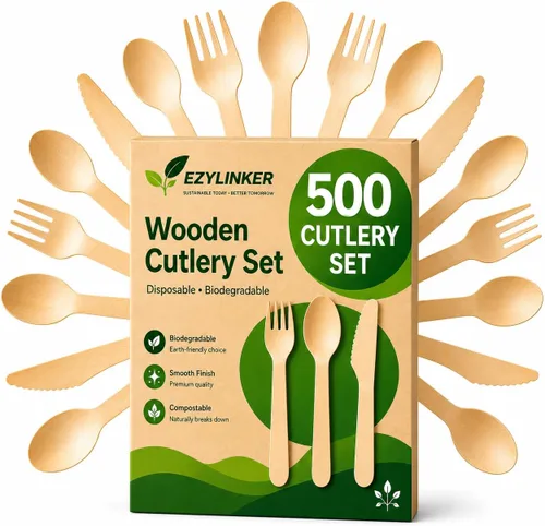 Vista 11 de Juego de 500 tenedores de madera desechables, alternativos a los tenedores de plástico y bambú, ecológicos, biodegradables y compostables, juego