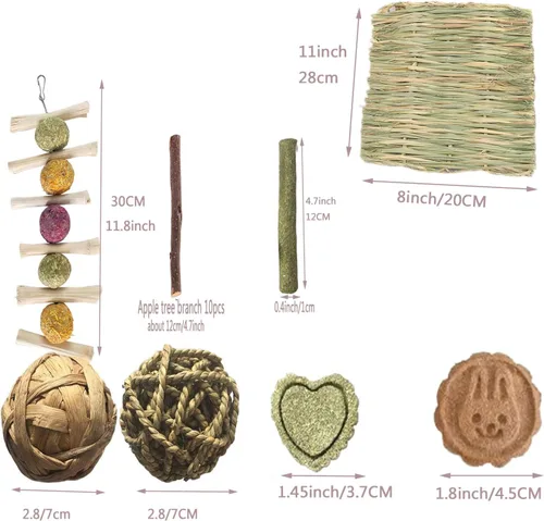 Vista 2 de ANDES Juguetes de conejo, 30 piezas de conejillo de indias, juguetes de conejo, accesorios naturales de Timothy, palitos de hámster, juguetes