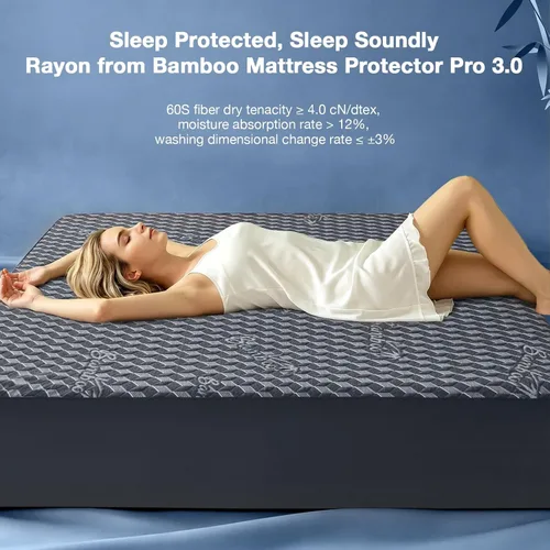 Vista 2 de Protector de colchón impermeable tamaño individual, lavable, funda acolchada de rayón y bambú, ajustable, protección de cama de plástico silencioso