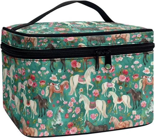 Vista 35 de Flashideas Bolsa de maquillaje para cosméticos Almacenamiento vertical Bolsa de maquillaje de viaje de gran capacidad, Caballo Azteca 1