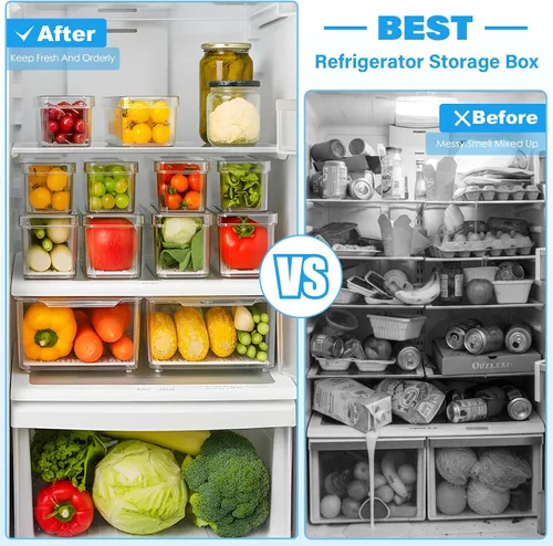 Vista 2 de Paquete de 14 contenedores organizadores de almacenamiento para refrigerador, contenedores transparentes apilables para almacenamiento de alimentos