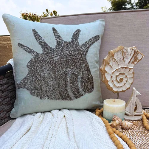 Vista 3 de The HomeCentric Funda de cojín para sofá, 12 x 12 pulgadas, funda de almohada decorativa cuadrada de lino azul claro con zardozi y cuentas bordadas
