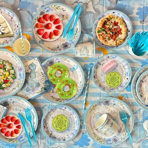 Vista 6 de Decoraciones de elefante para baby shower para niño, 224 piezas de suministros azules para baby shower (20 invitados), incluye plato de papel