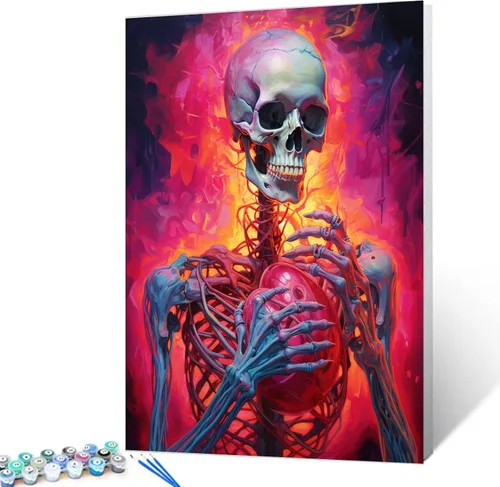 Vista 8 de Tucocoo Pintura de calavera de corazón por números para adultos, diseño de flores trippy, pintura por número para adultos principiantes, pintura